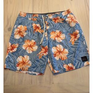 Quiksilver‎ Mens Blue Orange Tropical Hibiscus Floral Board Shorts Size 38 Beach